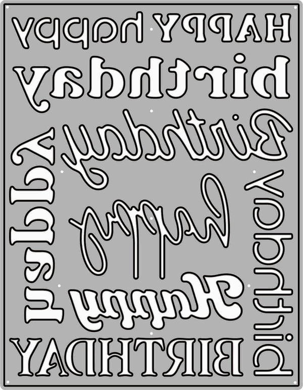 A sheet of decorative die-cut sticker or decal shapes featuring various stylized and cursive 'Happy Birthday' text designs in white with black outlines, arranged on a gray background.