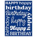 A square blue sign or plaque featuring repeated white text reading 'Happy birthday' in various fonts and orientations.