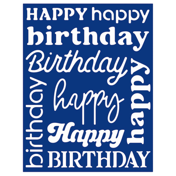 A square blue sign or plaque featuring repeated white text reading 'Happy birthday' in various fonts and orientations.