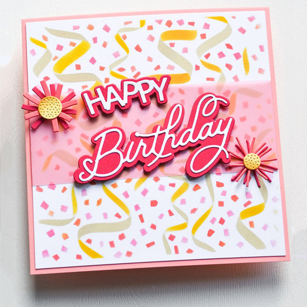 A square handmade birthday card with layered pink and white elements, colorful confetti and ribbon patterns, and raised 'HAPPY Birthday' text, photographed on a light neutral background.