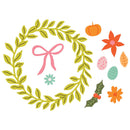 A flat vector illustration of a green leaf wreath with a pink bow in the center, surrounded by autumn-themed elements including a pumpkin, orange flower, pink and teal eggs, holly, and other leaves on a white background.
