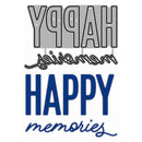 A graphic design featuring the words 'HAPPY memories' in stylized lettering. The top word 'HAPPY' is shown upside down in large gray block letters with small white dots, the middle word 'memories' is in black cursive, and the bottom word 'HAPPY' is in large blue block letters with 'memories' in blue cursive below.