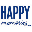 The words 'HAPPY memories' in blue lettering on a white background, with 'HAPPY' in large block letters and 'memories' in a flowing script font.