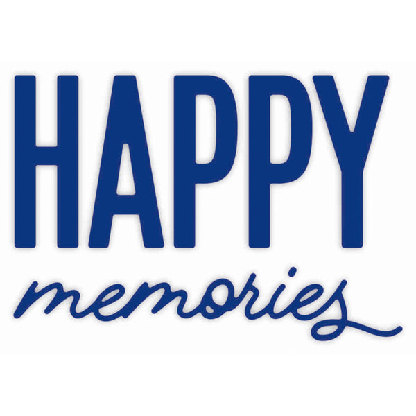 The words 'HAPPY memories' in blue lettering on a white background, with 'HAPPY' in large block letters and 'memories' in a flowing script font.