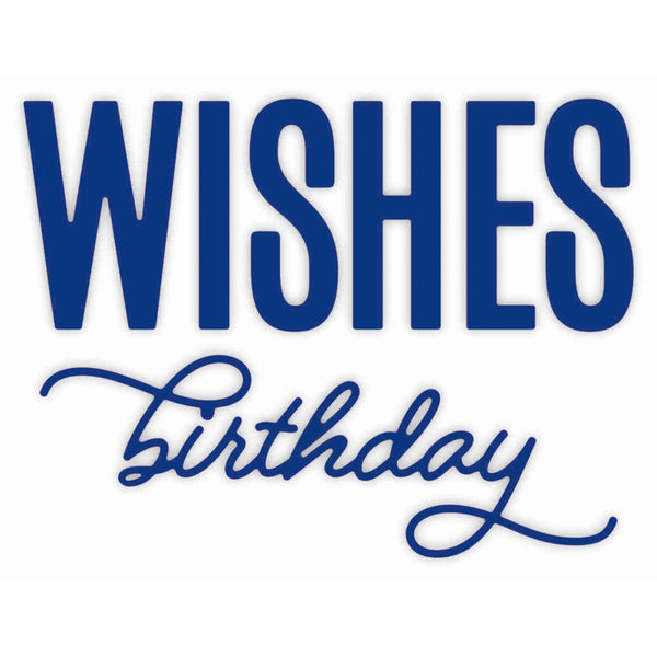 Blue text reading 'WISHES Birthday' on a white background, with 'WISHES' in a bold block font and 'Birthday' in a flowing cursive script.