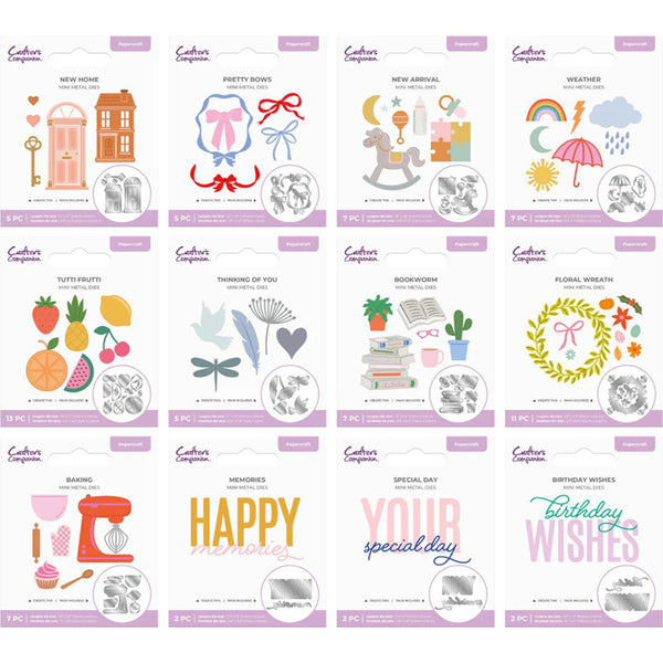 A 12-pack sheet of Cathy's Companions scrapbooking and cardmaking dies, featuring various colorful die-cut designs such as a new home, party bows, fruits, flowers, and happy messages, displayed on a clean white background.