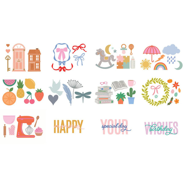 A collection of pastel-colored vector clipart icons and text designs arranged on a plain white background, including a pink telephone, bows, rocking horse, rainbow, fruits, books, a stand mixer, and birthday-themed text.