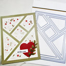A handmade greeting card with a geometric patchwork design, red heart, and floral details, shown next to a metal die-cutting template sheet on a white background.