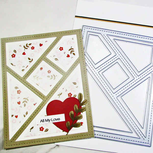 A handmade greeting card with a geometric patchwork design, red heart, and floral details, shown next to a metal die-cutting template sheet on a white background.