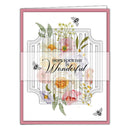 A greeting card with a pink border, featuring watercolor-style flowers, green leaves, and small bees around the text 'HOPE YOUR DAY is Wonderful' on a white background.