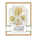 A greeting card with a white background, featuring yellow watercolor flowers, a gold border, and a white banner with the text 'MAY YOUR LOVE GROW MORE Beautiful EVERY YEAR'.