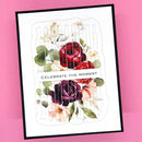 Floral design with 'Celebrate the Moment' text on a pink background