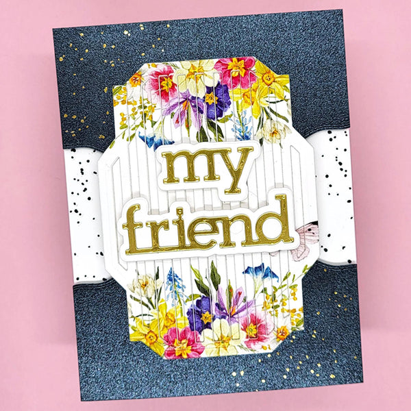 Greeting card with floral design and 'my friend' text on a pink background