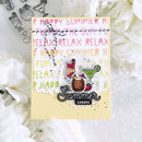 A square handmade greeting card with a summer cocktail theme, styled on a white floral background. The card features a pale yellow base with pink, orange, and green retro text reading 'HAPPY SUMMER' and 'RELAX', decorated with illustrations of a pink margarita, a green margarita, a coconut drink, and strawberries.