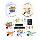 Set of decorative stickers with wheelbarrows, flowers, and motivational phrases on a white background.