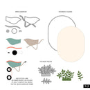 Instruction sheet showing a wheelbarrow frame design with labeled parts: wheelbarow outline, rounded square outer shape, foliage pieces, and a note on using the inner wheelbarrow frame stitch line.