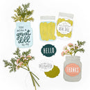 A flat lay of illustrated dill-themed craft cutouts or stickers on a white background, including mason jar designs with text, pickled dill jars, flowers, and a round 'HELLO' label.