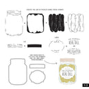 A black-and-white instructional sheet showing how to make jar of pickles using stamps and dies, with line drawings of a mason jar, pickles, lid, label, and stamped/die outlines. A small colored example jar appears in the lower right with the text 'Our Friendship is the Real Dill' and 'Save a Dillightful Day.