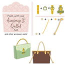 Promotional graphic for an accessory set, showing a pink quilted bag, a mint green purse with a gold clasp, a brown tote bag with gold hardware, and small gold jewelry pieces arranged with plus/minus signs and text reading 'Pairs with our Accessorize It Quilted Set and other accessory sets!'.