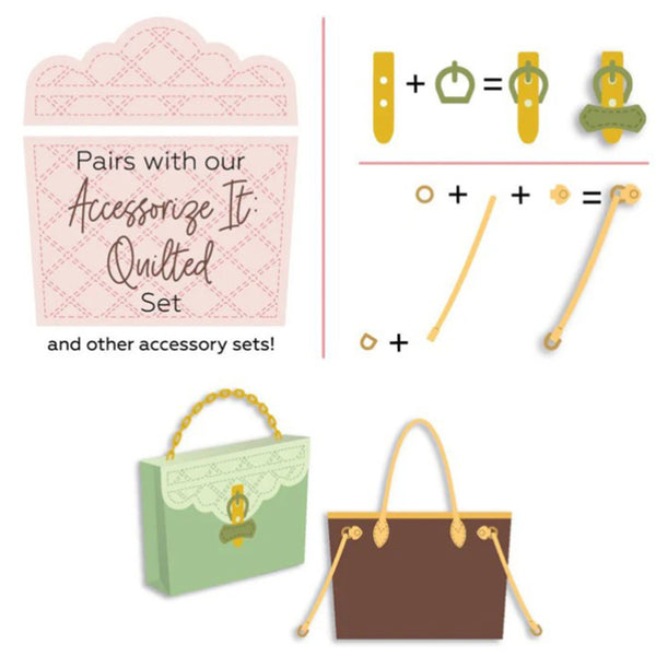 Promotional graphic for an accessory set, showing a pink quilted bag, a mint green purse with a gold clasp, a brown tote bag with gold hardware, and small gold jewelry pieces arranged with plus/minus signs and text reading 'Pairs with our Accessorize It Quilted Set and other accessory sets!'.