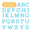 A flat graphic showing the alphabet with a blank gold label at the top left and blue uppercase letters A through Z on a white background.