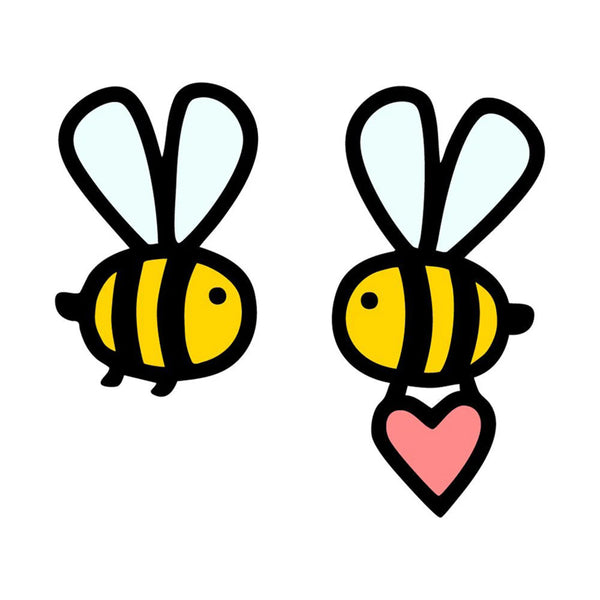 Two cartoon bumblebee graphics on a plain white background, one holding a pink heart.