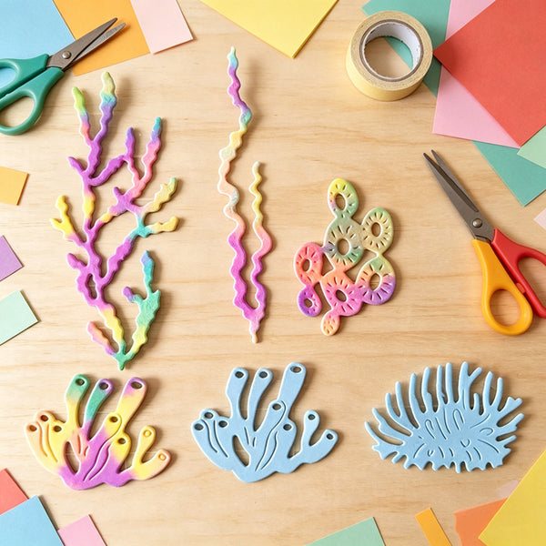 A flat-lay of colorful coral-shaped craft pieces in pastel rainbow colors, arranged on a light wood surface with scissors, paper scraps, tape, and other crafting supplies around them.