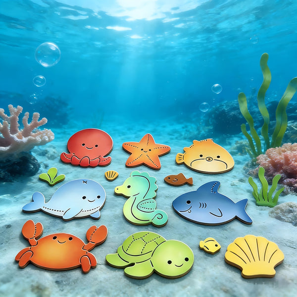 A colorful underwater-themed children's toy set featuring cartoon sea creatures and shells, including an octopus, starfish, fish, whale, seahorse, crab, turtle, and shell, arranged on a sandy ocean floor with coral and seaweed.