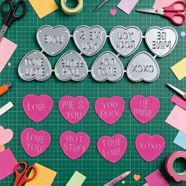 A flat-lay of heart-shaped metal and pink paper stamp molds or cutters with romantic phrases like 'LOVE', 'ME & YOU', 'YOU ROCK', and 'BE MINE', arranged on a green cutting mat with craft scissors, tape, and paper pieces around them.