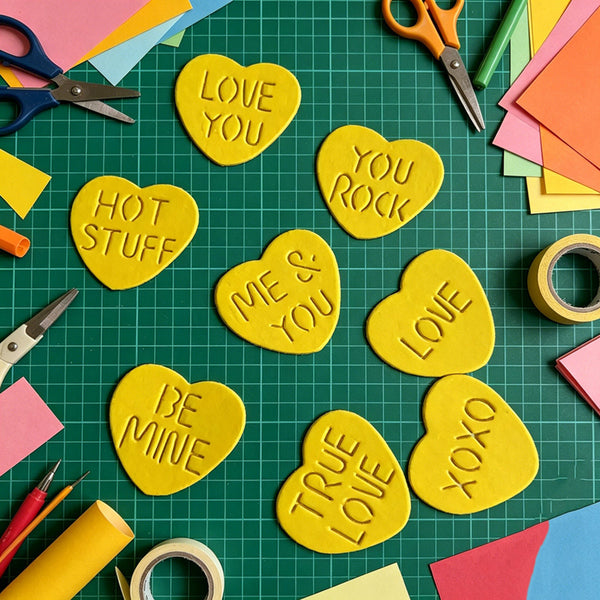 Nine yellow heart-shaped foam pieces with romantic phrases like 'LOVE YOU', 'HOT STUFF', 'ME & YOU', and 'BE MINE' arranged on a green cutting mat with craft supplies around them.