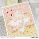A handmade greeting card with layered pastel pink, peach, and yellow geometric patterns, scalloped borders, and an embossed die-cut script reading 'best wishes.' Small red and yellow rhinestones are placed on the card.
