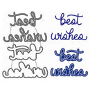 A set of decorative script lettering pieces reading 'best wishes' in two colorways: one outlined in black with a gray fill, and another in dark blue. The pieces are arranged on a plain white background.