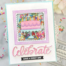 A handmade greeting card featuring a layered pink cake in a clear window box surrounded by colorful confetti, with the words 'Celebrate' and 'HAVE A SWEET DAY' on a white card. The card is styled on a light gray surface with scattered sprinkles and a metal die in the corner.