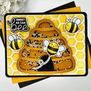A handmade layered card or craft plaque featuring a honeycomb pattern, a large bee-shaped beehive cutout with beads inside, two smaller bees, and the phrase 'SWEET AS CAN bee' in script and block lettering.