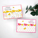 Two spring greeting cards displayed on a white background with green eucalyptus leaves. One card says 'SPRING Greetings' and the other says 'HAPPY Spring', both decorated with yellow, pink, and yellow butterflies and small floral patterns.