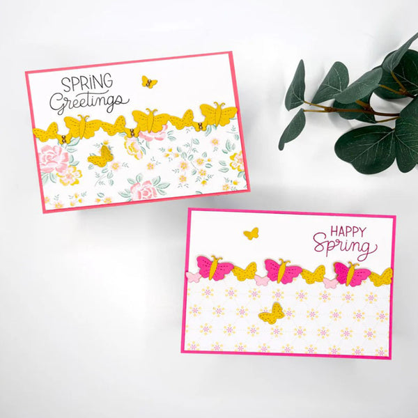 Two spring greeting cards displayed on a white background with green eucalyptus leaves. One card says 'SPRING Greetings' and the other says 'HAPPY Spring', both decorated with yellow, pink, and yellow butterflies and small floral patterns.