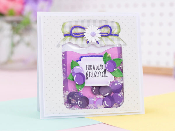 Decorative card with purple berries and a white flower on a colorful background