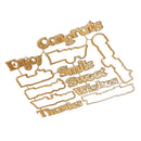 A set of gold-colored laser-cut metal nameplates or signs with embossed phrases including 'Congratulations', 'Enjoy', 'Smile', 'Sweet Wishes', and 'Thanks', arranged on a plain white background.