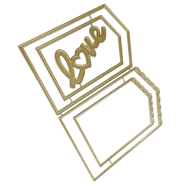 Gold metal die-cutting frame set featuring a decorative border and a script 'Love' cutout, displayed on a clean white background.