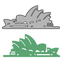 A die-cut sticker or decal of the Sydney Opera House, shown in two color variations: a metallic silver-gray version on top and a muted green version on the bottom, both on a plain white background.