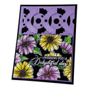 A handmade layered greeting card with a purple laser-cut top section, colorful daisy illustrations in purple and yellow, green leaves, and the text 'Wishing You a Delightful day' on a black background.