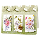 A handmade greeting card with a scalloped olive-green top border and a light green textured base. The card features three vertical floral and bird illustrations: a pink flower, a blue bird in a nest, and purple flowers with a 'HELLO SUNSHINE' banner.