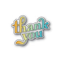 A die-cut sticker with the words 'thank you' in a playful cursive font, featuring a yellow-to-teal gradient fill and a white border with a drop shadow, shown on a plain white background.