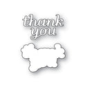 Black and white 'thank you' text with a cloud shape below on a white background