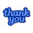 A blue die-cut sticker with the words 'thank you' in a light blue cursive font, outlined in dark blue, shown on a white background with a soft drop shadow.