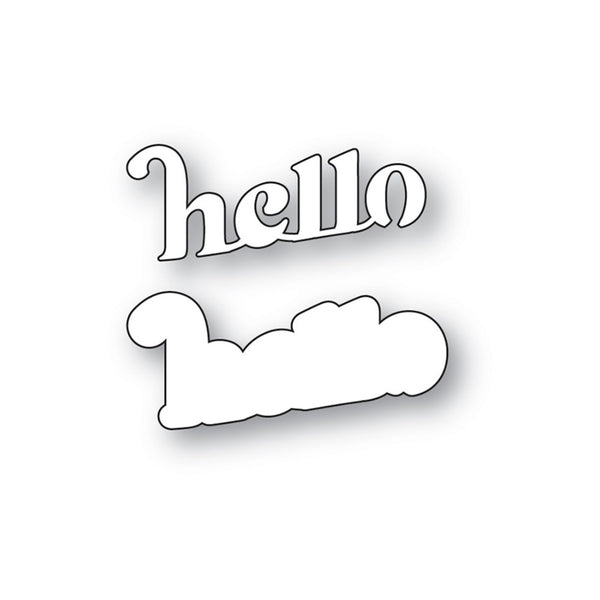 White die-cut sticker or decal with the word 'hello' in a stylized cursive font above a matching cloud-shaped outline, shown on a plain white background.