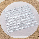 A set of white decorative patterned strips laid out on a round white sheet, placed on a woven beige mat. The strips feature repeating floral, wavy, and geometric motifs.