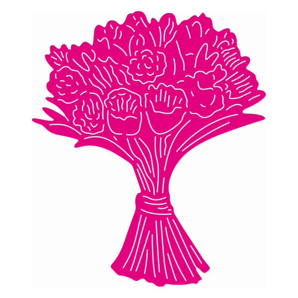 A bright pink graphic illustration of a bouquet of flowers with white line details, centered on a plain white background.