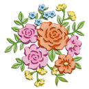 A colorful floral illustration featuring layered paper-cut style roses and flowers in pink, orange, yellow, and light blue with green leaves on a plain white background.