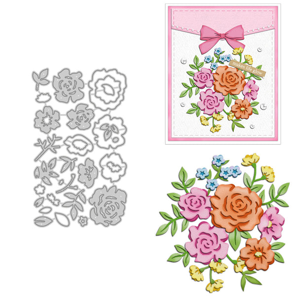A floral die-cut craft set shown on a white background, including a sheet of gray metal cutting dies on the left and a finished example card design on the top right, plus a larger matching floral applique/clipart preview on the bottom right.